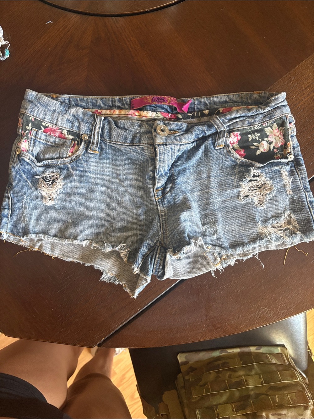 Distressed Light Blue Denim Shorts with Floral Pocket Trim